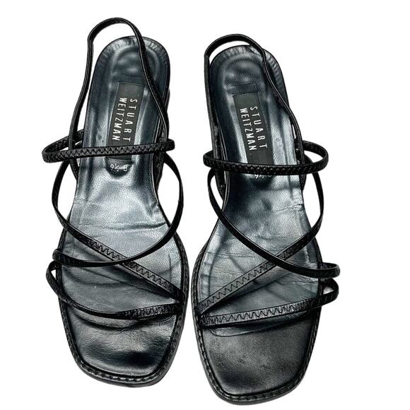 Stuart Weitzman Strappy Sandals Black Patent Leather Heels Sz 9.5B - Picture 1 of 7